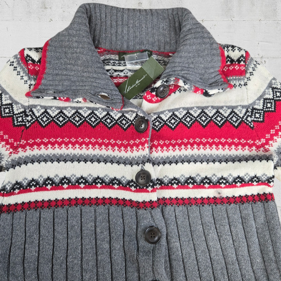 Eddie Bauer Gray Red Fair Isle Cowl Neck Button Up Cardigan Sweater Size Small - Picture 2 of 10